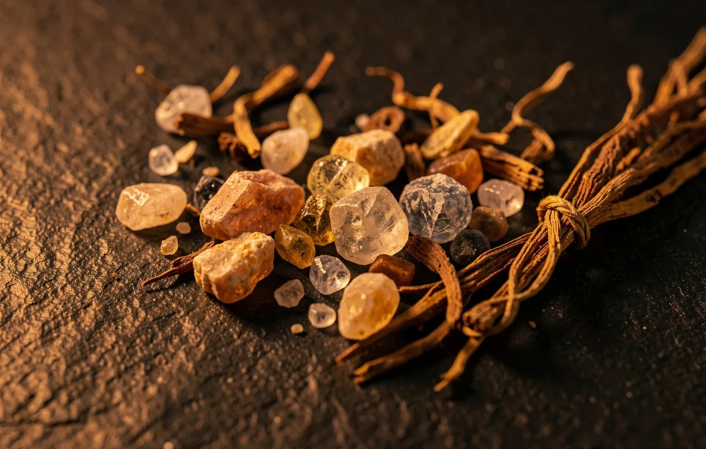 Natural mineral and botanical ingredients on dark surface