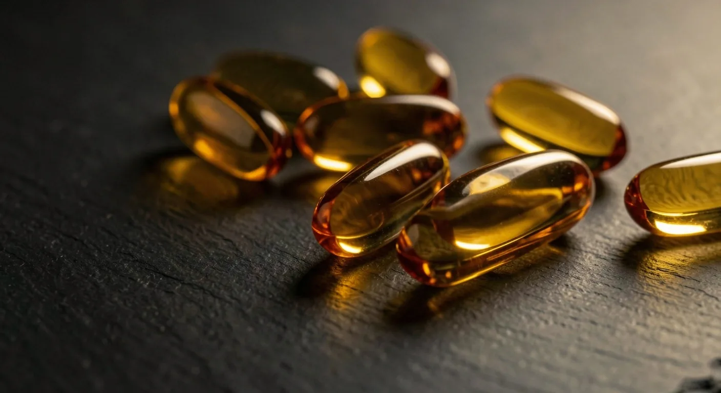Natural supplement capsules on dark surface