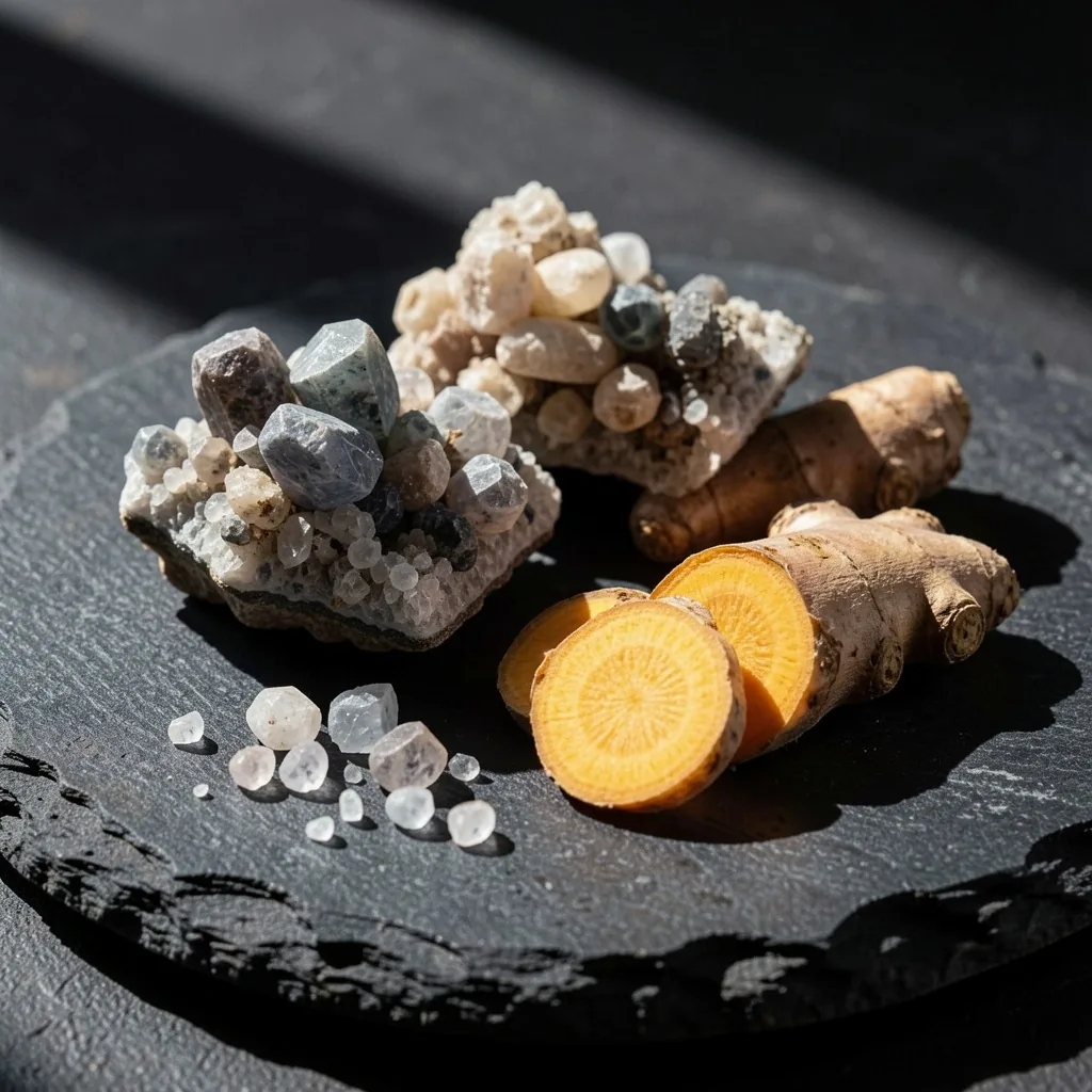 Raw herbal ingredients on dark surface