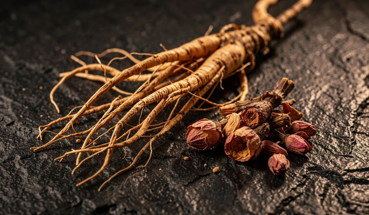 Dried adaptogenic roots on dark surface