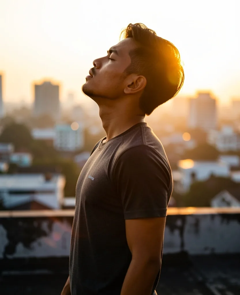 Man practicing breathing exercises at golden hour