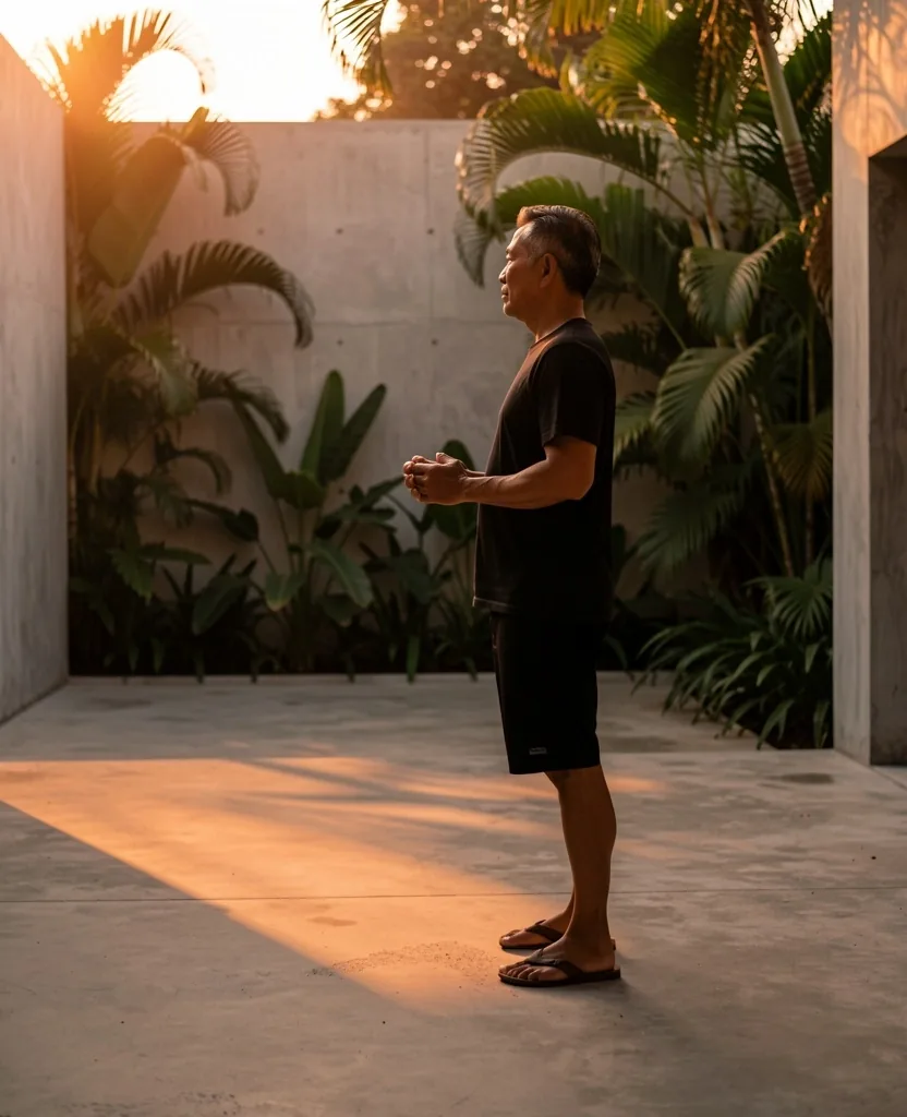 Man stretching in a courtyard at dawn