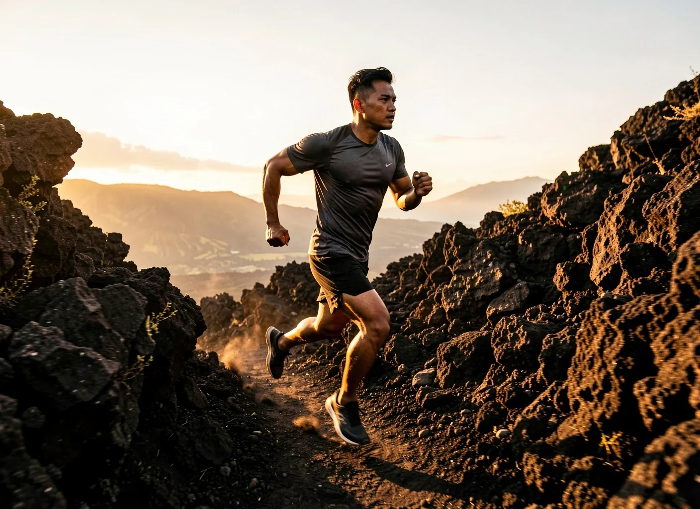 Runner on a volcanic trail at dawn