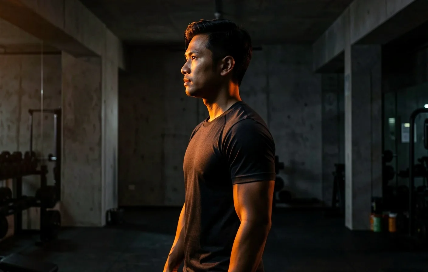 Active man in low-light wellness environment