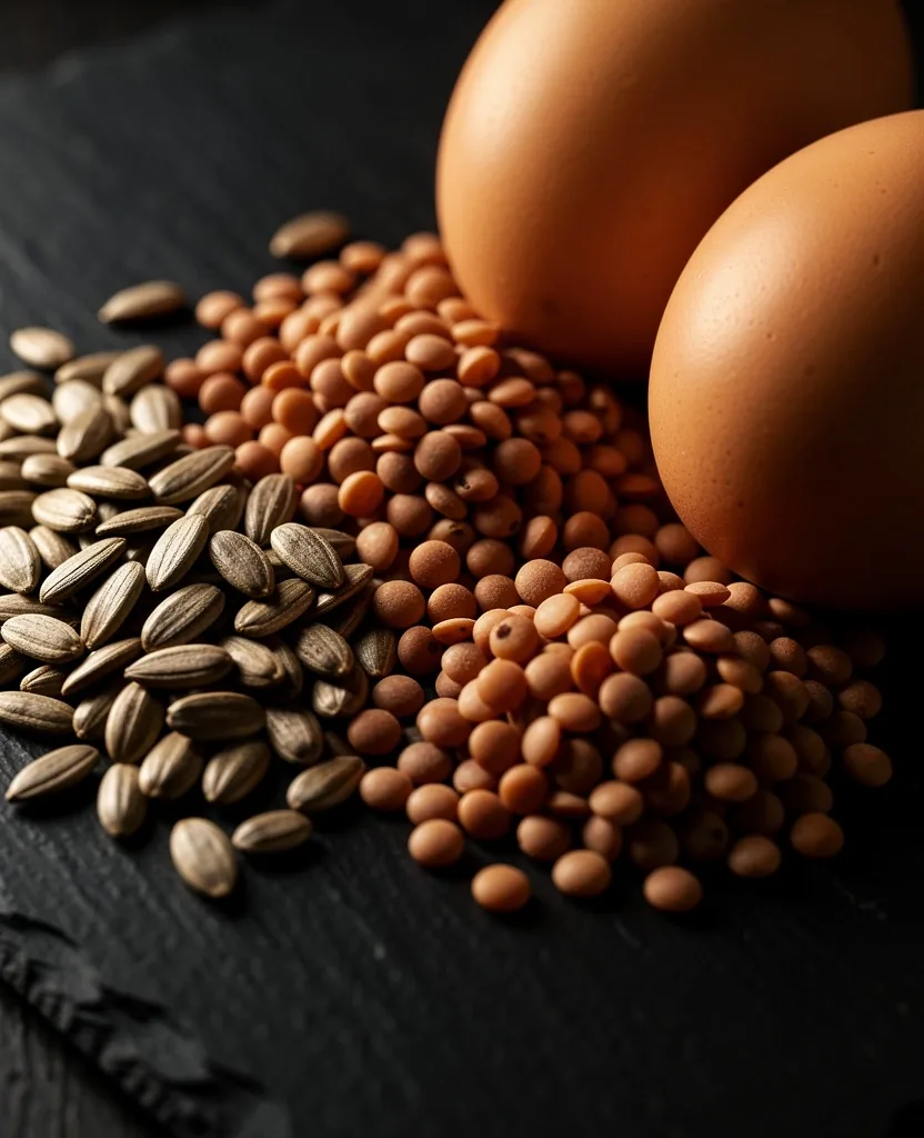 B-vitamin rich foods on dark surface