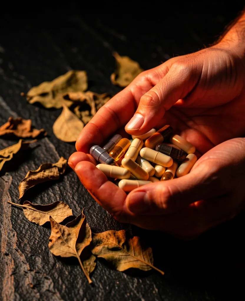 Hands holding natural supplement capsules and botanicals
