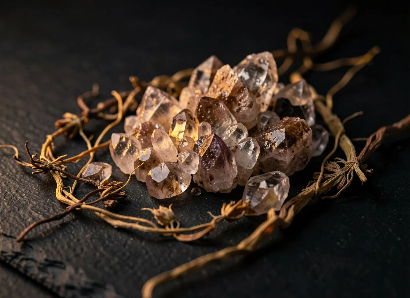 Raw mineral and botanical ingredients on dark surface