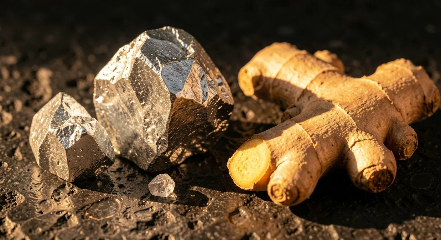 Raw mineral and botanical ingredients on dark surface