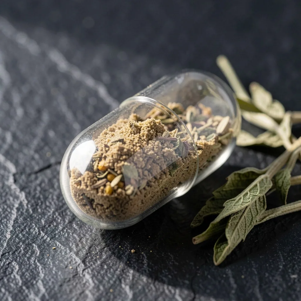 A botanical capsule on a stone surface