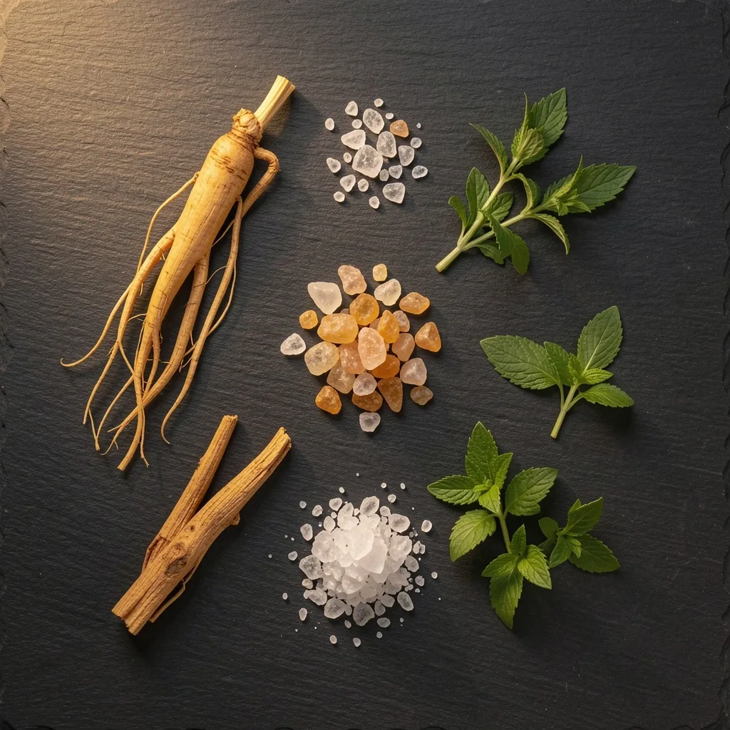Natural supplement ingredients arranged on a dark surface