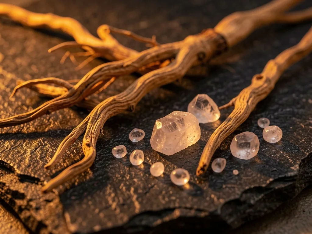 Dried botanical roots and mineral crystals on dark stone