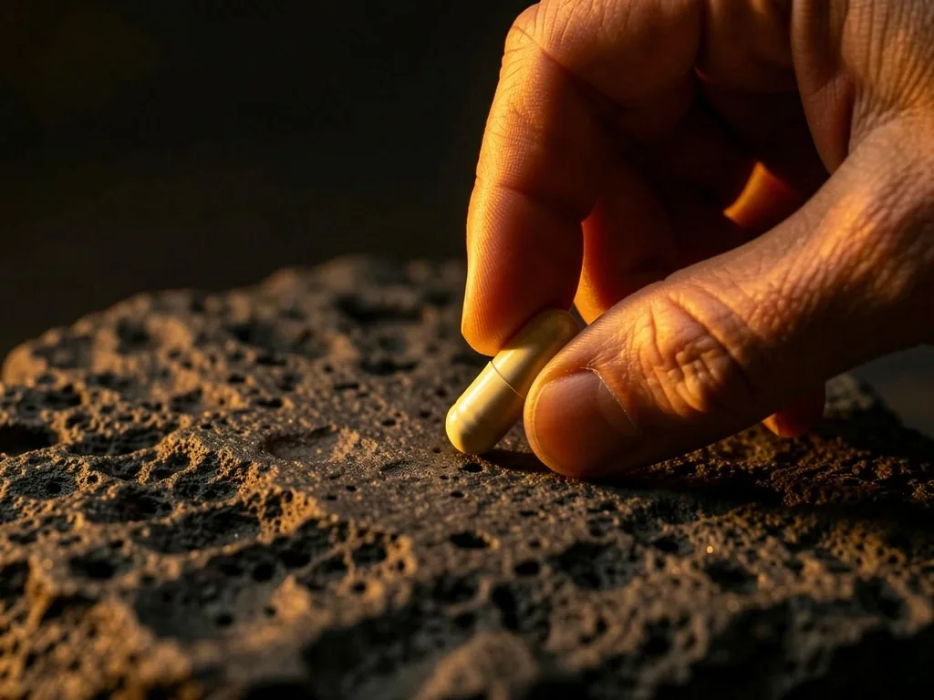 Hand holding a natural supplement capsule