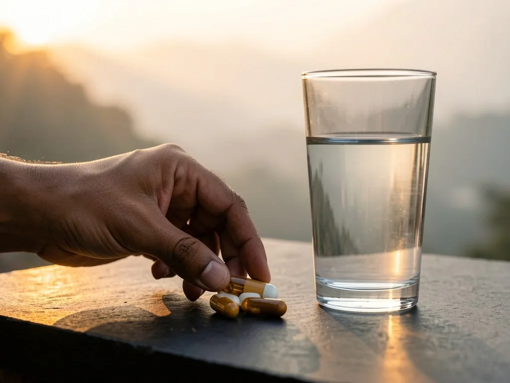 Morning supplement routine with water on a kitchen counter